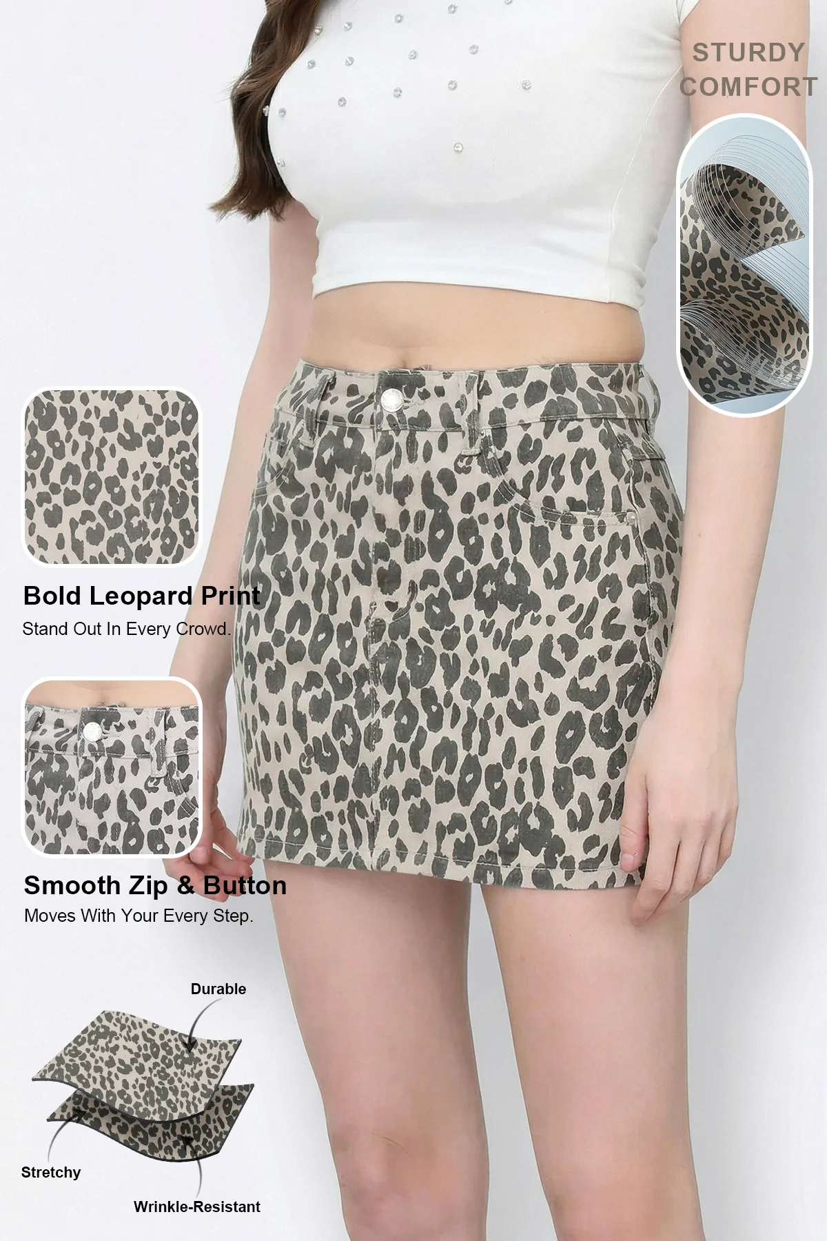 KATCH ME Stretch Durable Denim Leopard Print Mid-Rise A-Line Mini Skirt - Image 2