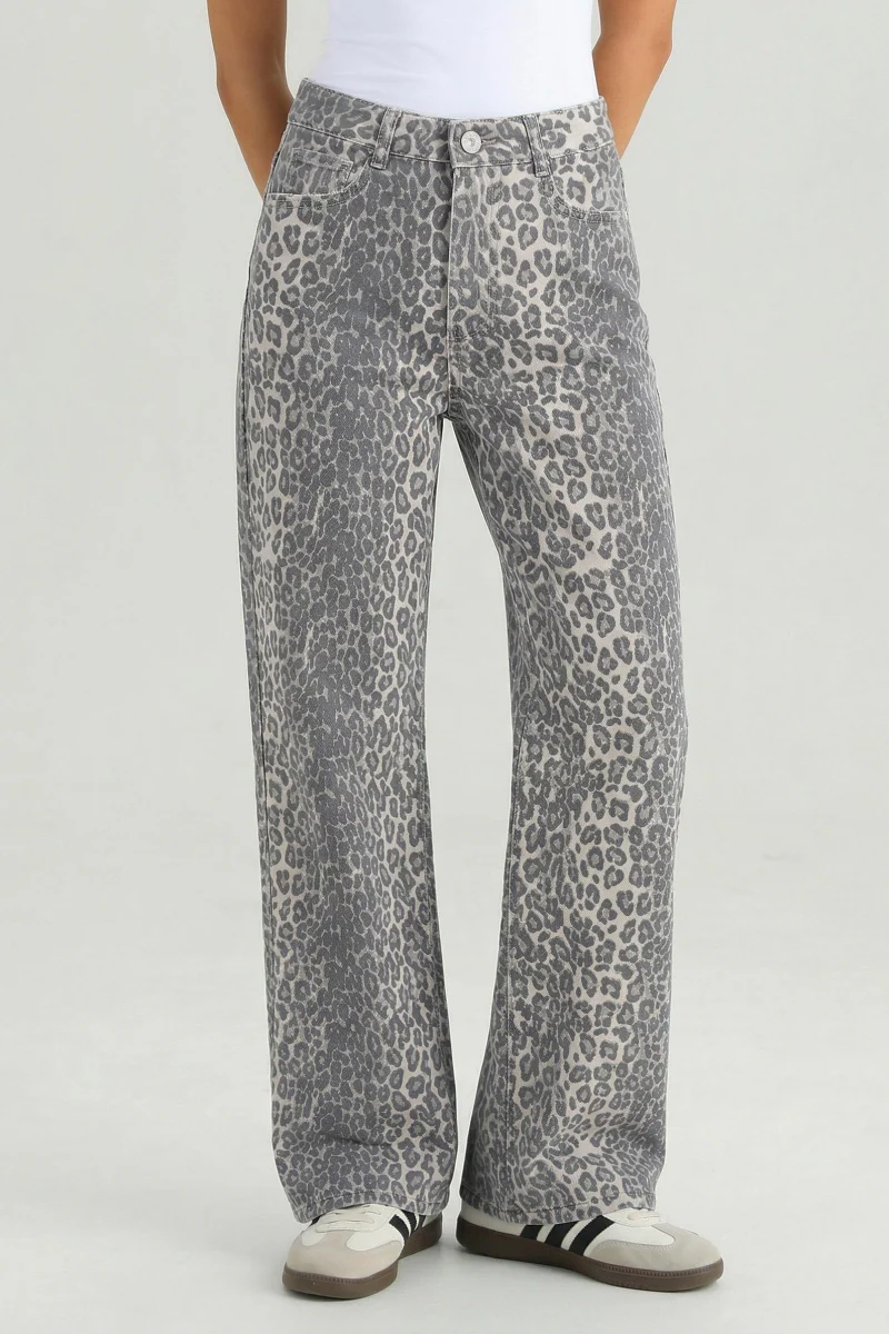 KATCH ME Stretchy Durable Denim Leopard Print High Waist Wide Leg Jeans - Image 4