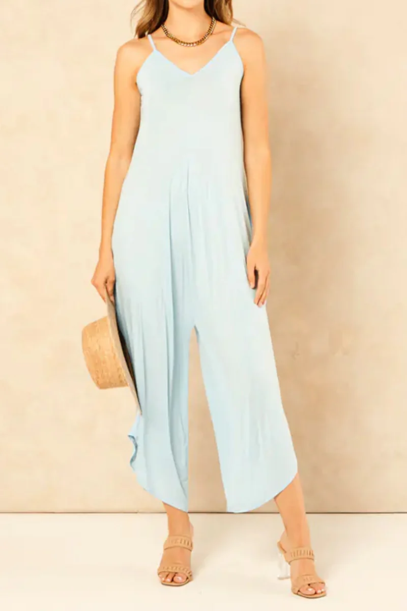 KATCH ME Stretchy Plain Thin Strap Low Neckline Wide Leg Jumpsuit
