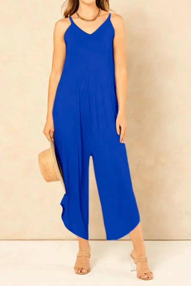 KATCH ME Stretchy Plain Thin Strap Low Neckline Wide Leg Jumpsuit - Image 2