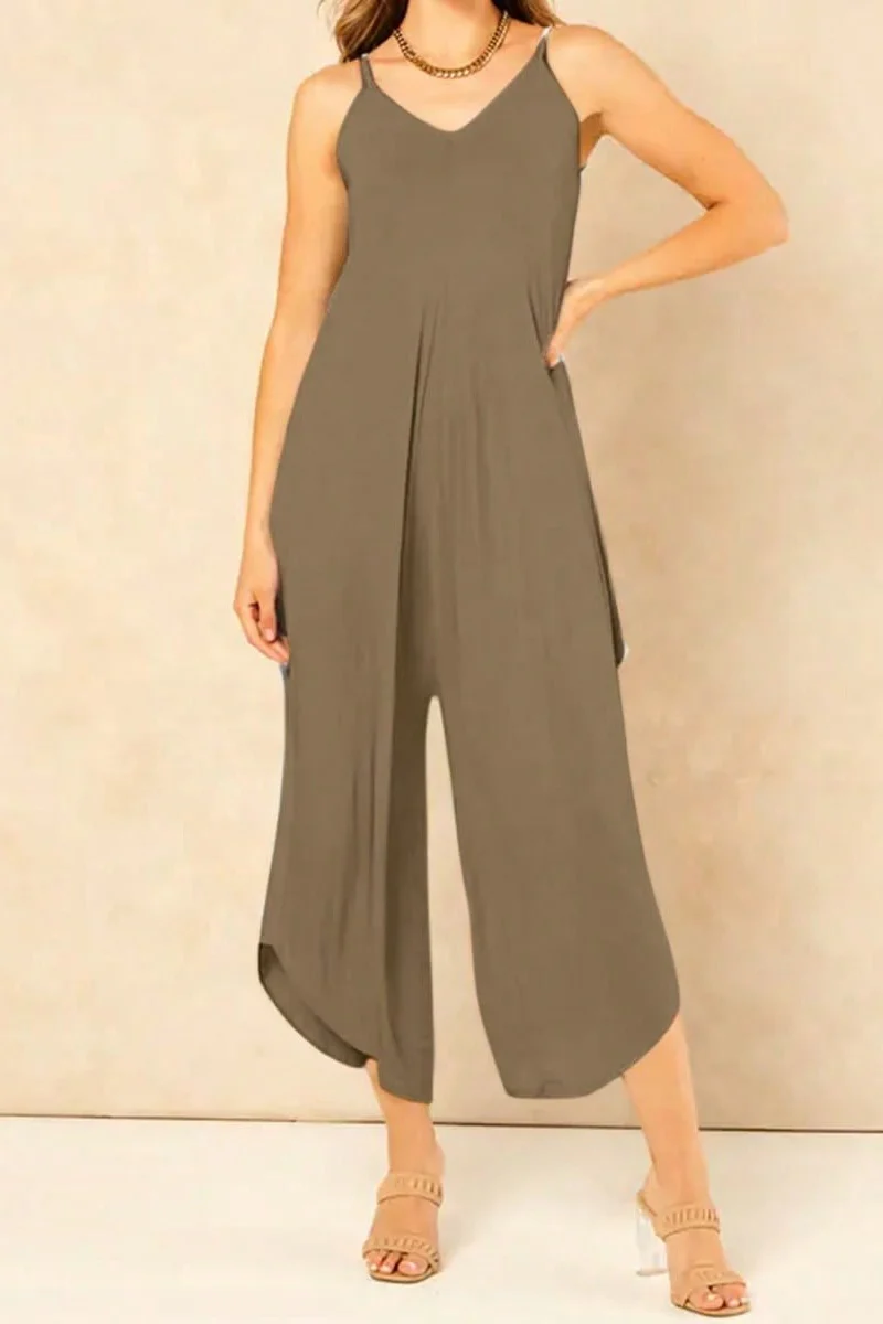 KATCH ME Stretchy Plain Thin Strap Low Neckline Wide Leg Jumpsuit - Image 4