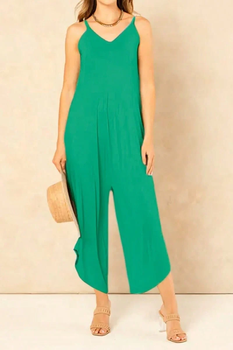 KATCH ME Stretchy Plain Thin Strap Low Neckline Wide Leg Jumpsuit - Image 5