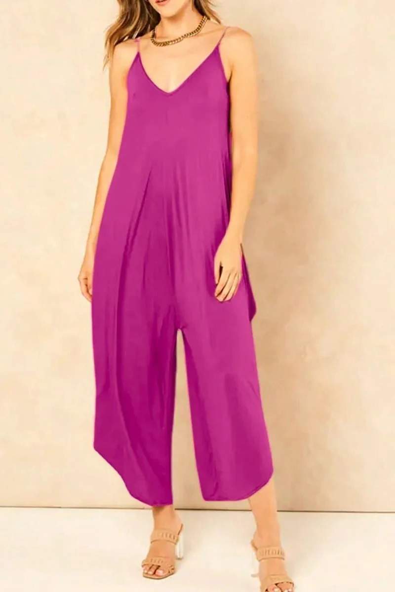 KATCH ME Stretchy Plain Thin Strap Low Neckline Wide Leg Jumpsuit - Image 6