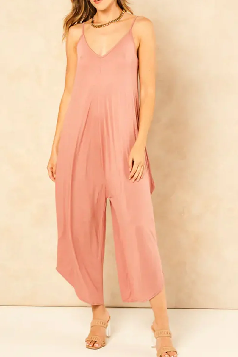 KATCH ME Stretchy Plain Thin Strap Low Neckline Wide Leg Jumpsuit - Image 7