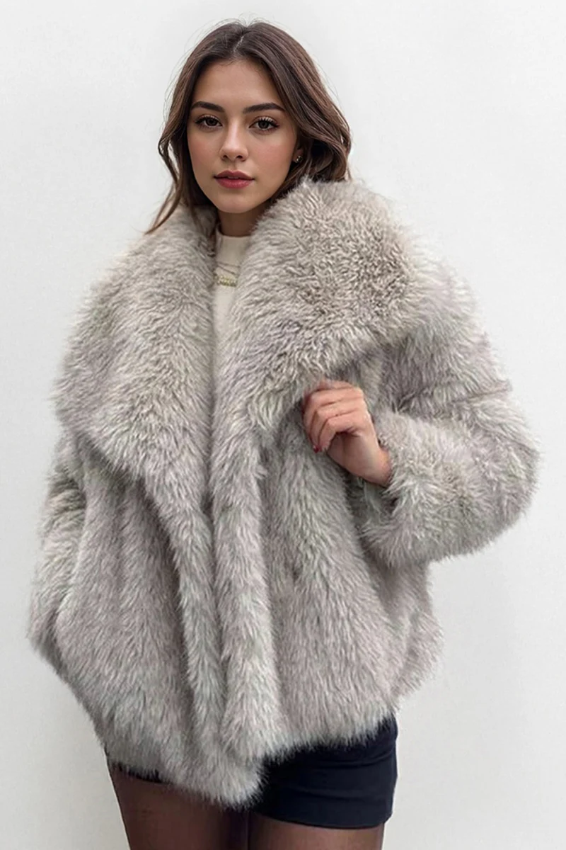 KATCH ME Thermal Fuzzy Solid Color Wide Lapel Snap Closure Oversize Outerwear - Image 2
