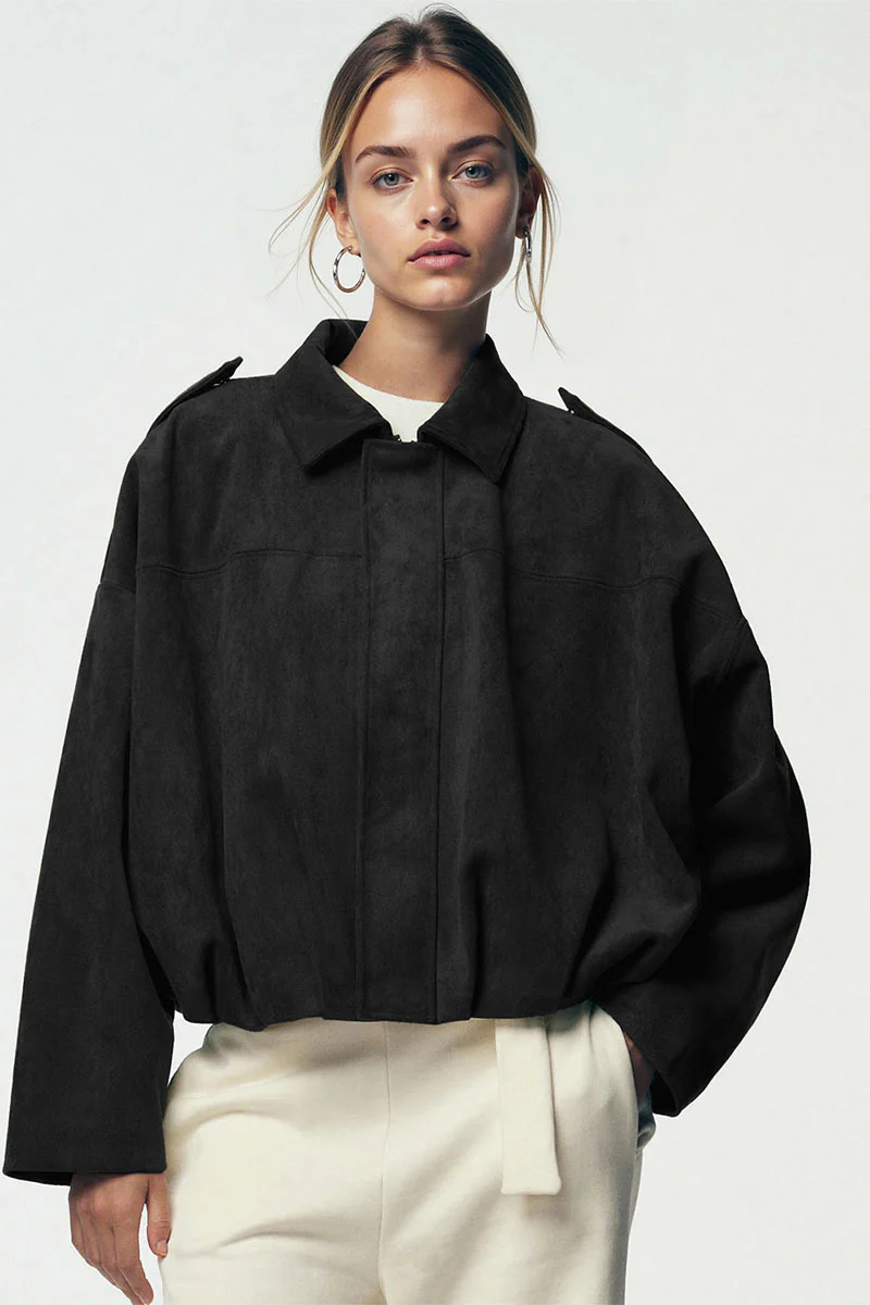KATCH ME Vintage Oversized Suede Zipper Cropped Bomber Jacket - Image 10