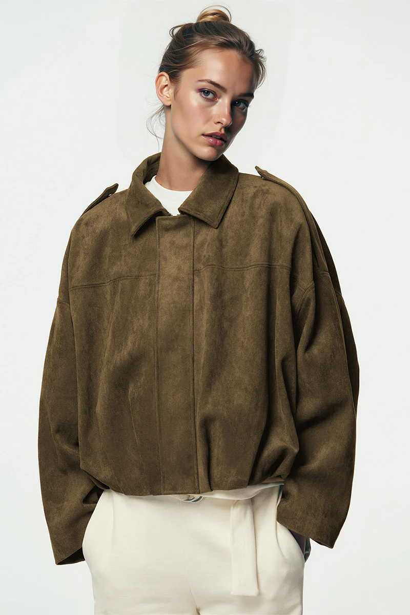 KATCH ME Vintage Oversized Suede Zipper Cropped Bomber Jacket - Image 11
