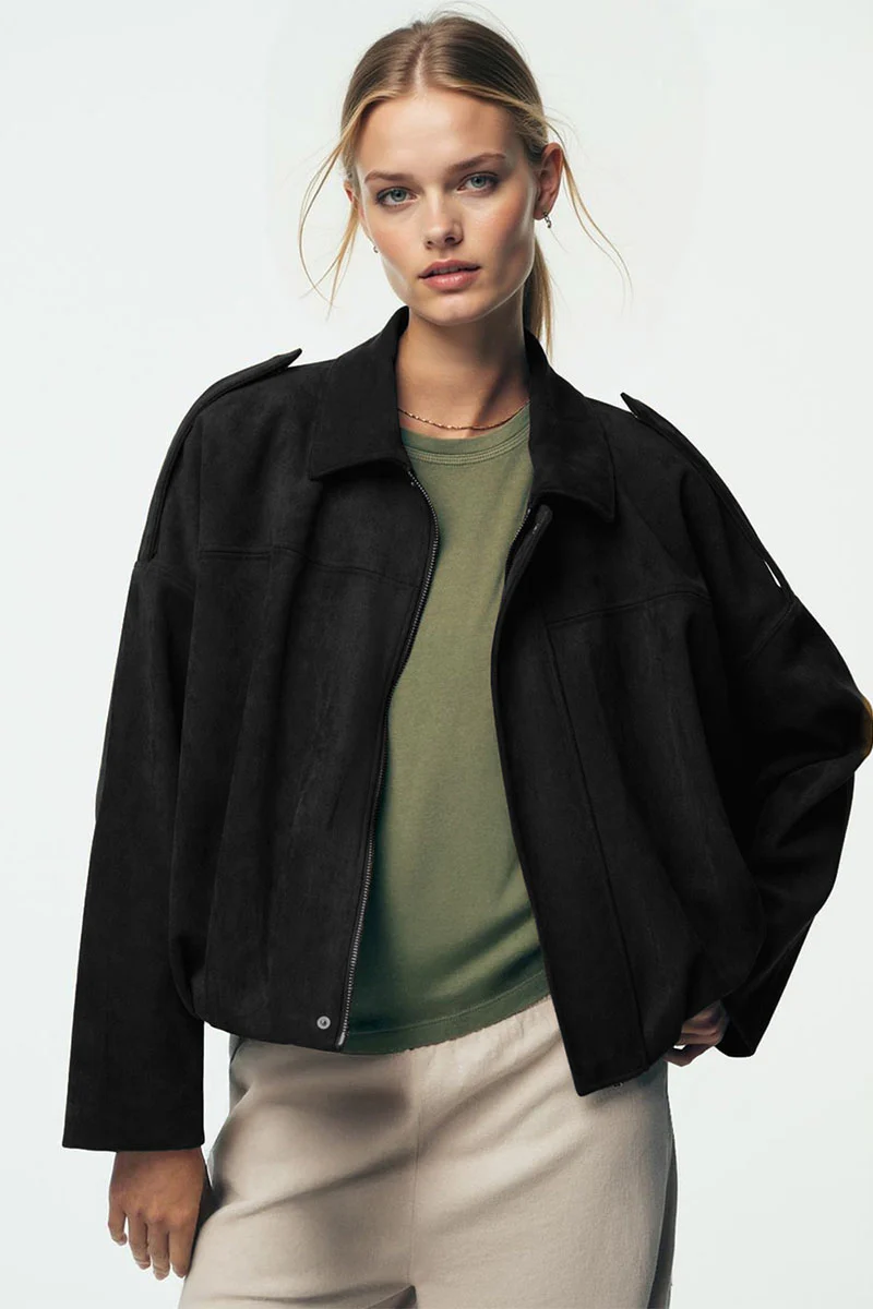 KATCH ME Vintage Oversized Suede Zipper Cropped Bomber Jacket - Image 12