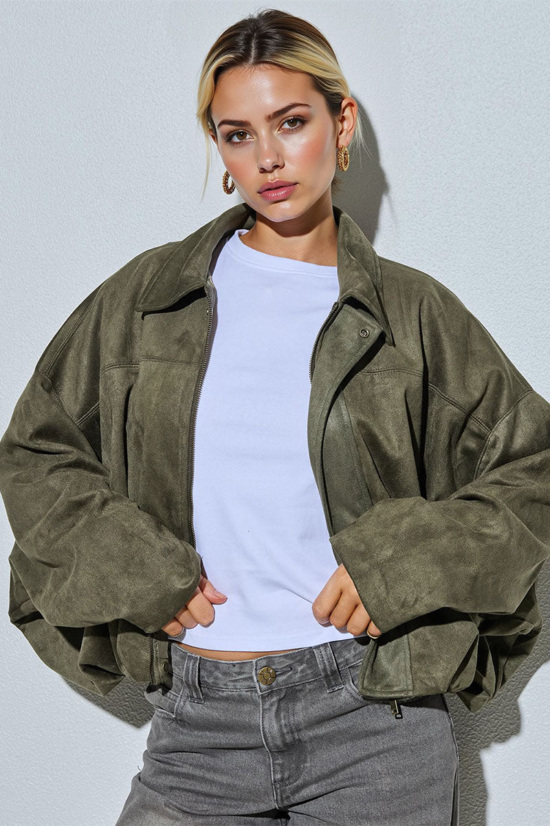 KATCH ME Vintage Oversized Suede Zipper Cropped Bomber Jacket - Image 13