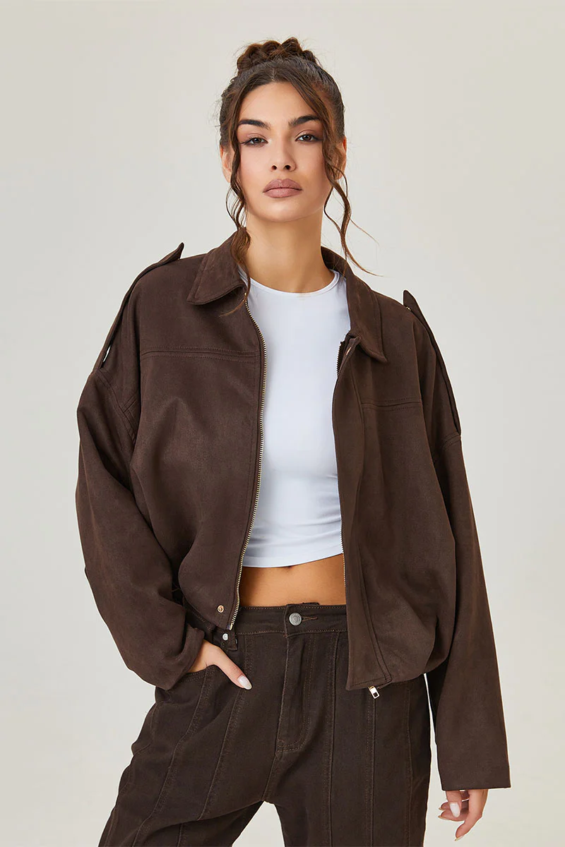 KATCH ME Vintage Oversized Suede Zipper Cropped Bomber Jacket - Image 3
