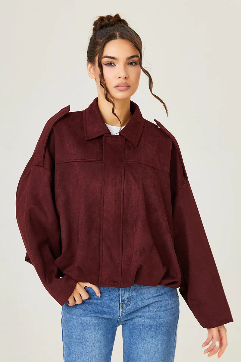KATCH ME Vintage Oversized Suede Zipper Cropped Bomber Jacket - Image 4