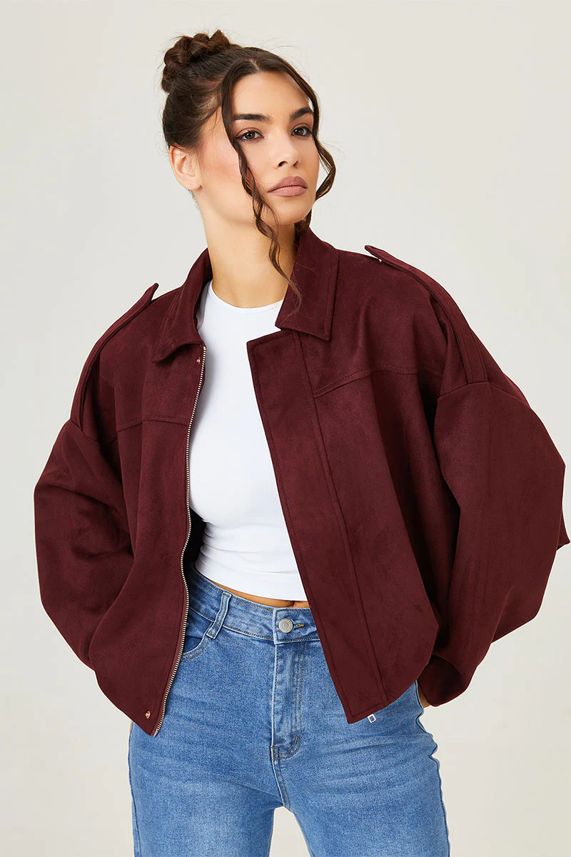 KATCH ME Vintage Oversized Suede Zipper Cropped Bomber Jacket - Image 5