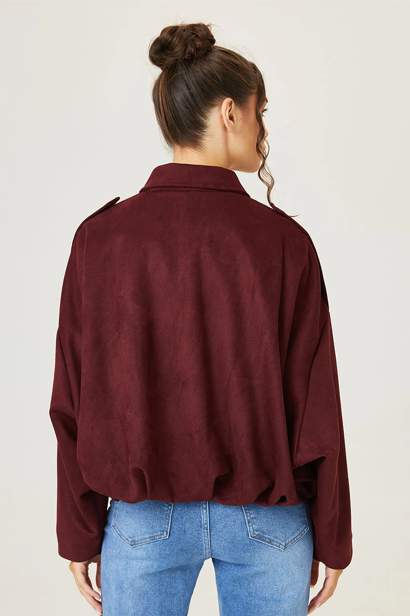 KATCH ME Vintage Oversized Suede Zipper Cropped Bomber Jacket - Image 6