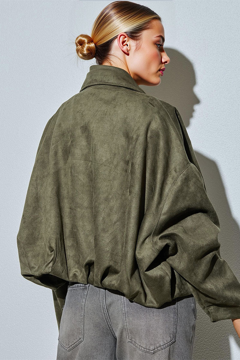 KATCH ME Vintage Oversized Suede Zipper Cropped Bomber Jacket - Image 7