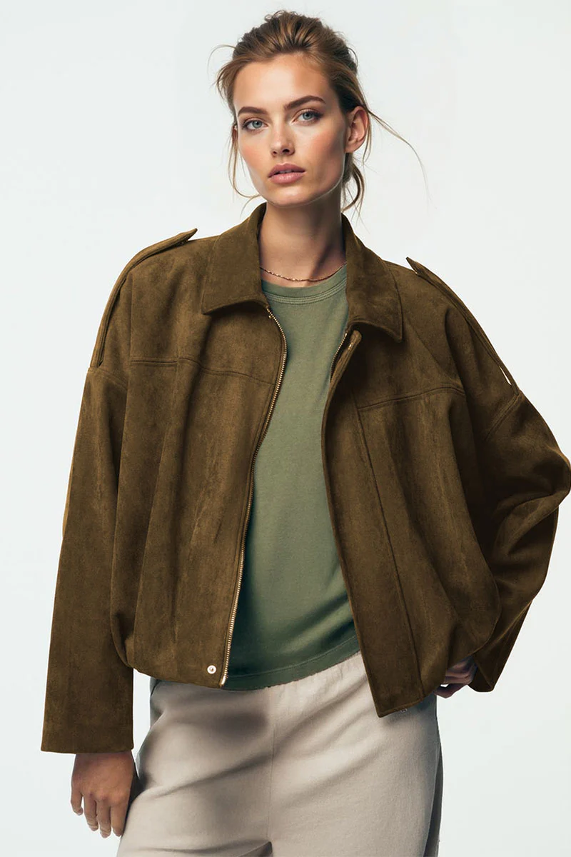 KATCH ME Vintage Oversized Suede Zipper Cropped Bomber Jacket - Image 8