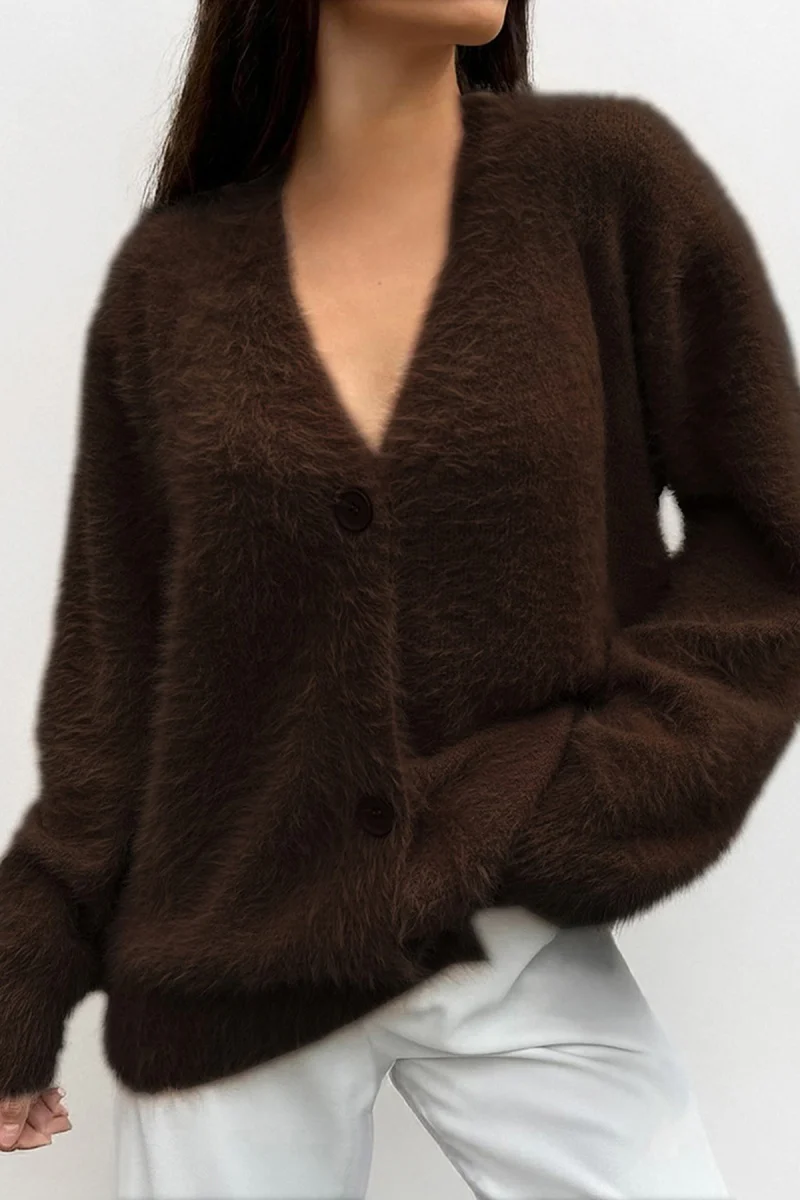 KATCH ME V Neck Faux Fur Button-Up Loose Cardigan