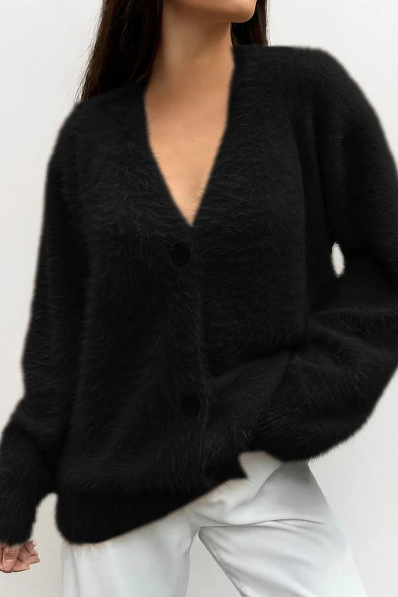 KATCH ME V Neck Faux Fur Button-Up Loose Cardigan - Image 2