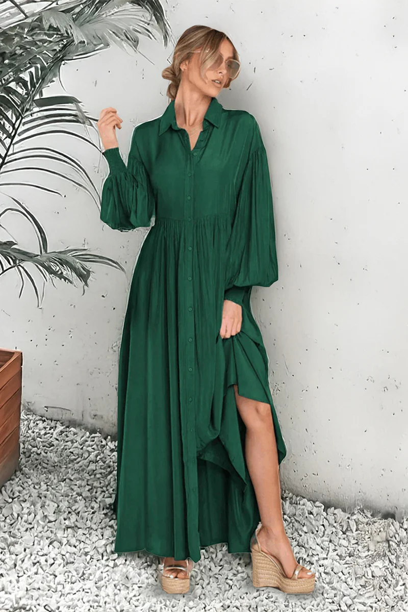 KATCH ME Plain Lapel Balloon Sleeve Button Up Pleated Maxi Dress