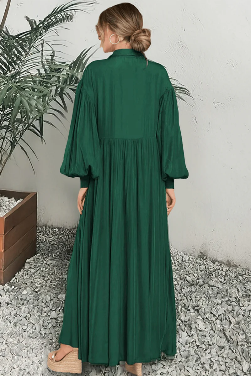 KATCH ME Plain Lapel Balloon Sleeve Button Up Pleated Maxi Dress - Image 2