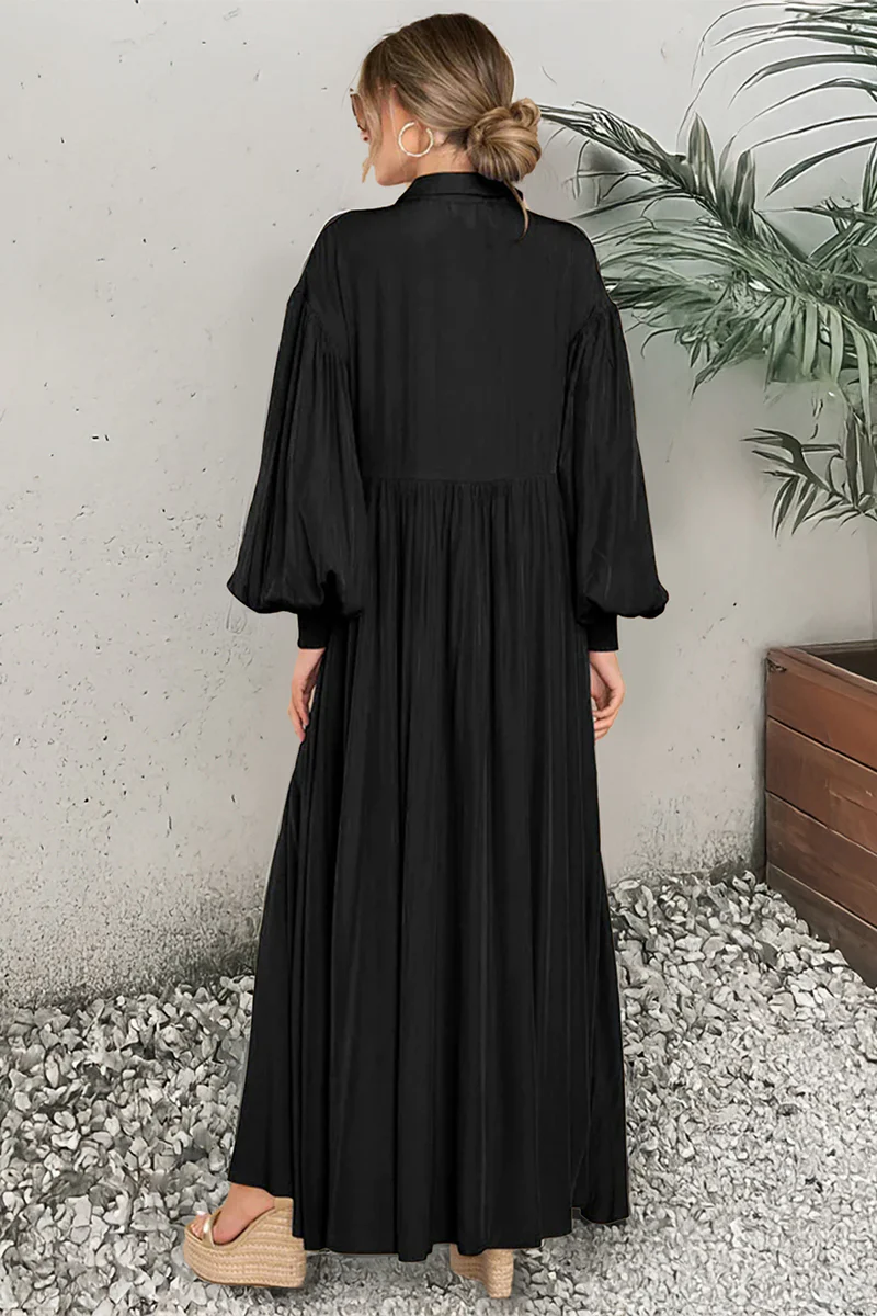 KATCH ME Plain Lapel Balloon Sleeve Button Up Pleated Maxi Dress - Image 3