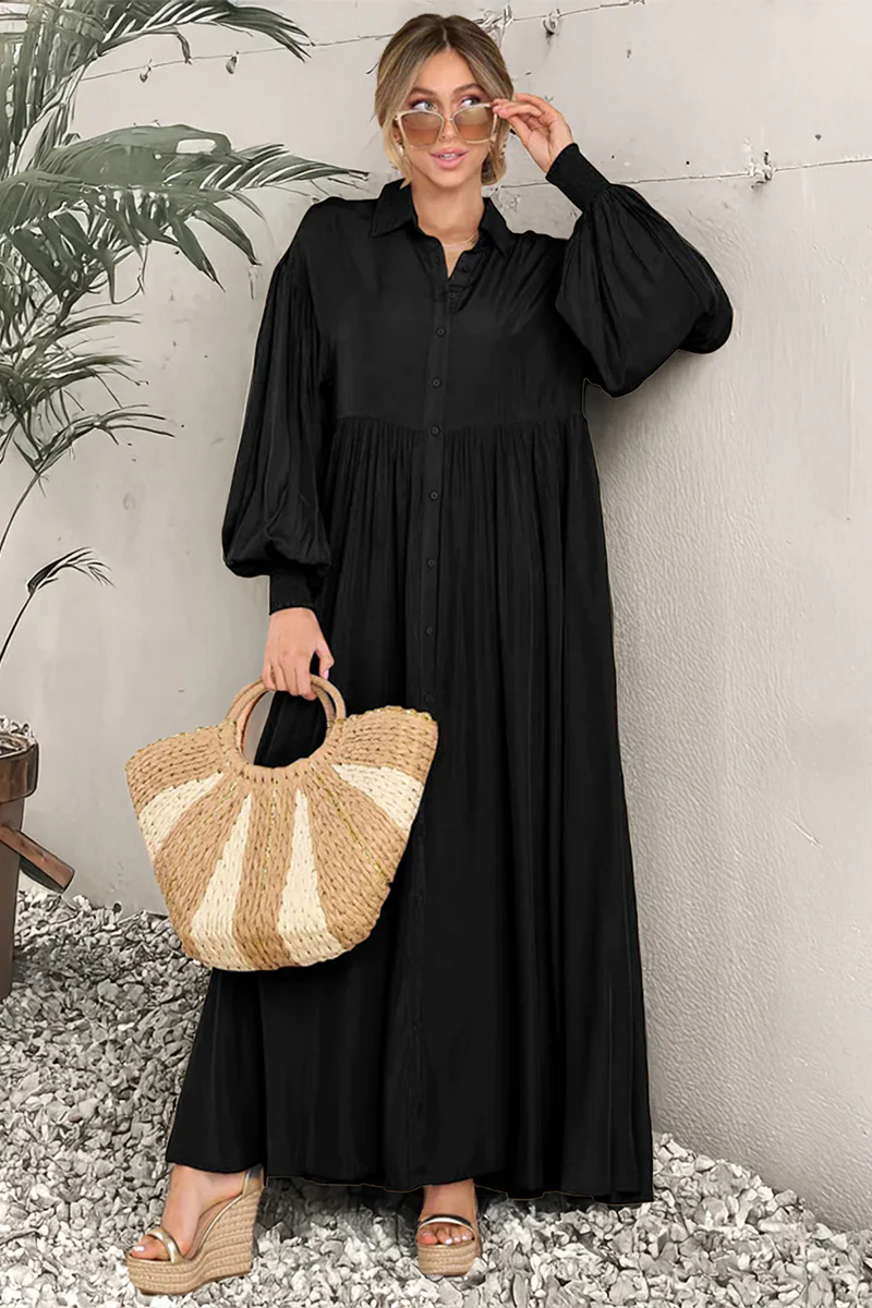 KATCH ME Plain Lapel Balloon Sleeve Button Up Pleated Maxi Dress - Image 4