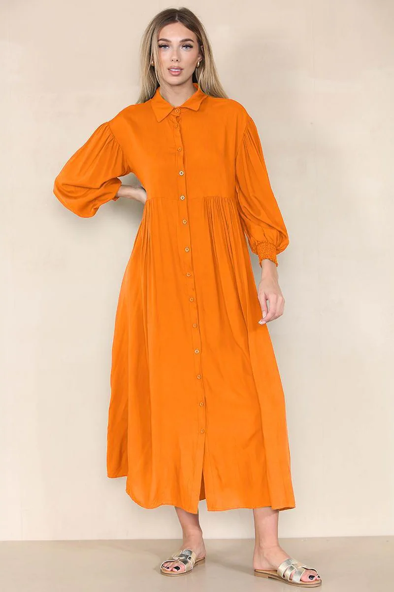 KATCH ME Plain Lapel Balloon Sleeve Button Up Pleated Maxi Dress - Image 6