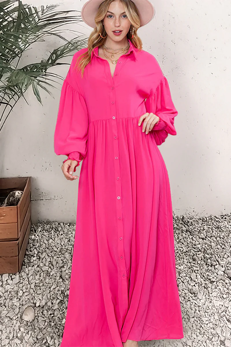 KATCH ME Plain Lapel Balloon Sleeve Button Up Pleated Maxi Dress - Image 9