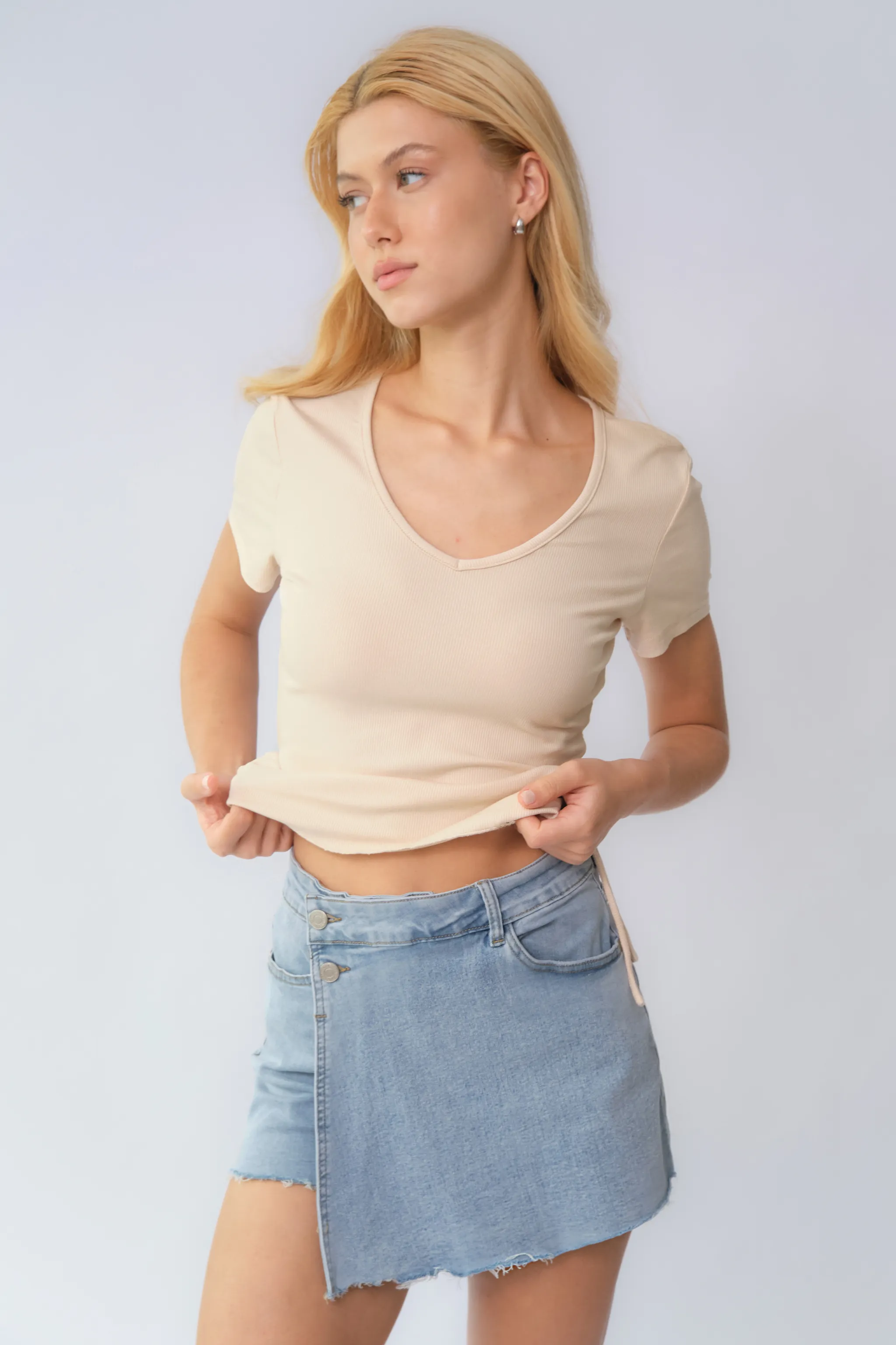 KATCH ME Layered High Waist Raw Hem Denim Skorts With Tassel Detail - Image 11