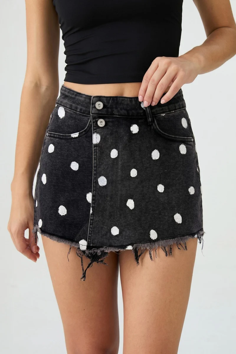 KATCH ME Layered High Waist Raw Hem Denim Skorts With Tassel Detail - Image 7