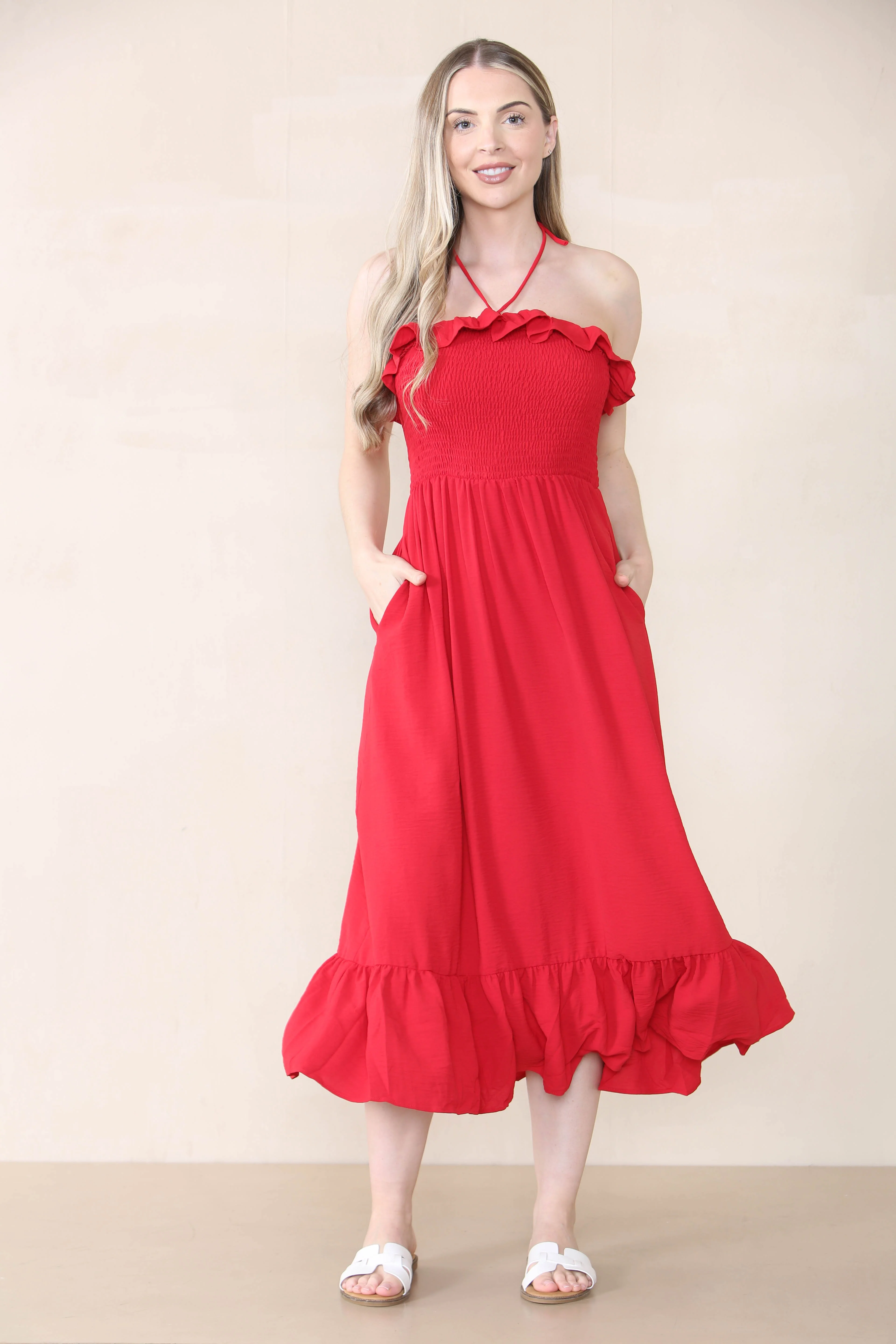 KATCH ME Plain Sleeveless Frill Front Tie Pleated Maxi Dress - Image 11