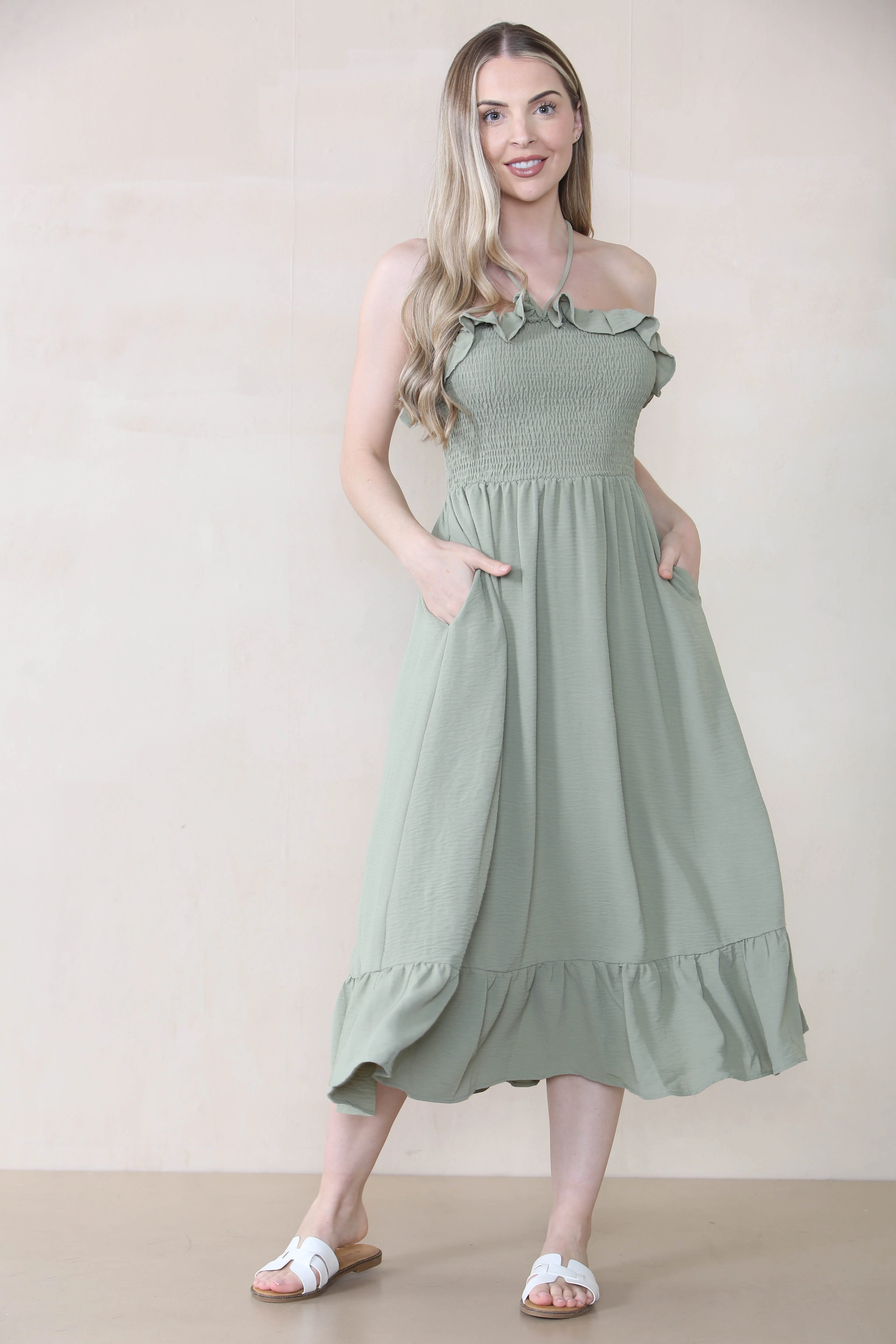 KATCH ME Plain Sleeveless Frill Front Tie Pleated Maxi Dress - Image 13