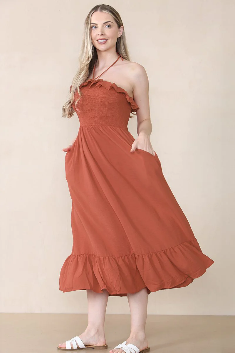 KATCH ME Plain Sleeveless Frill Front Tie Pleated Maxi Dress - Image 3