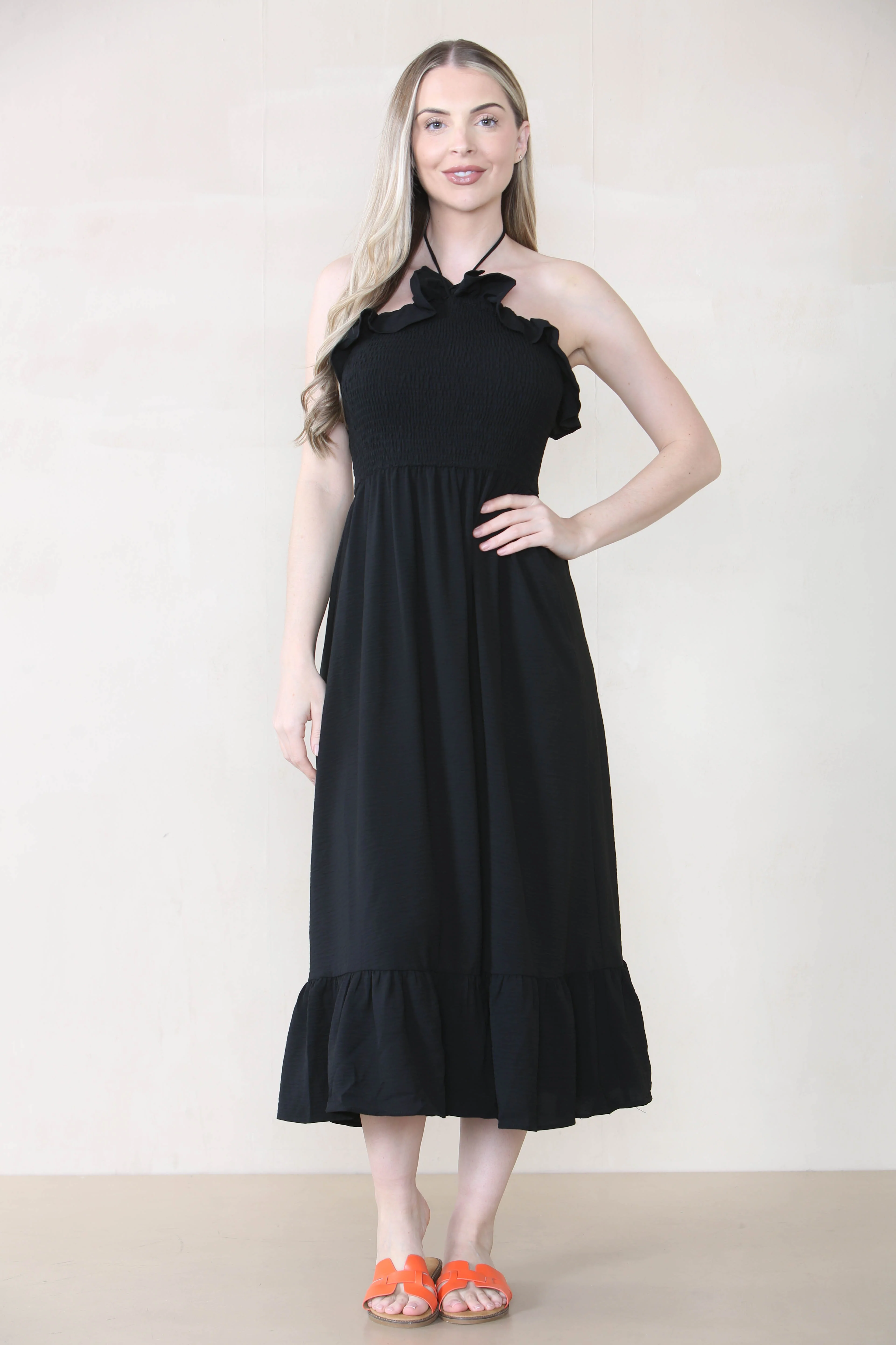 KATCH ME Plain Sleeveless Frill Front Tie Pleated Maxi Dress - Image 4