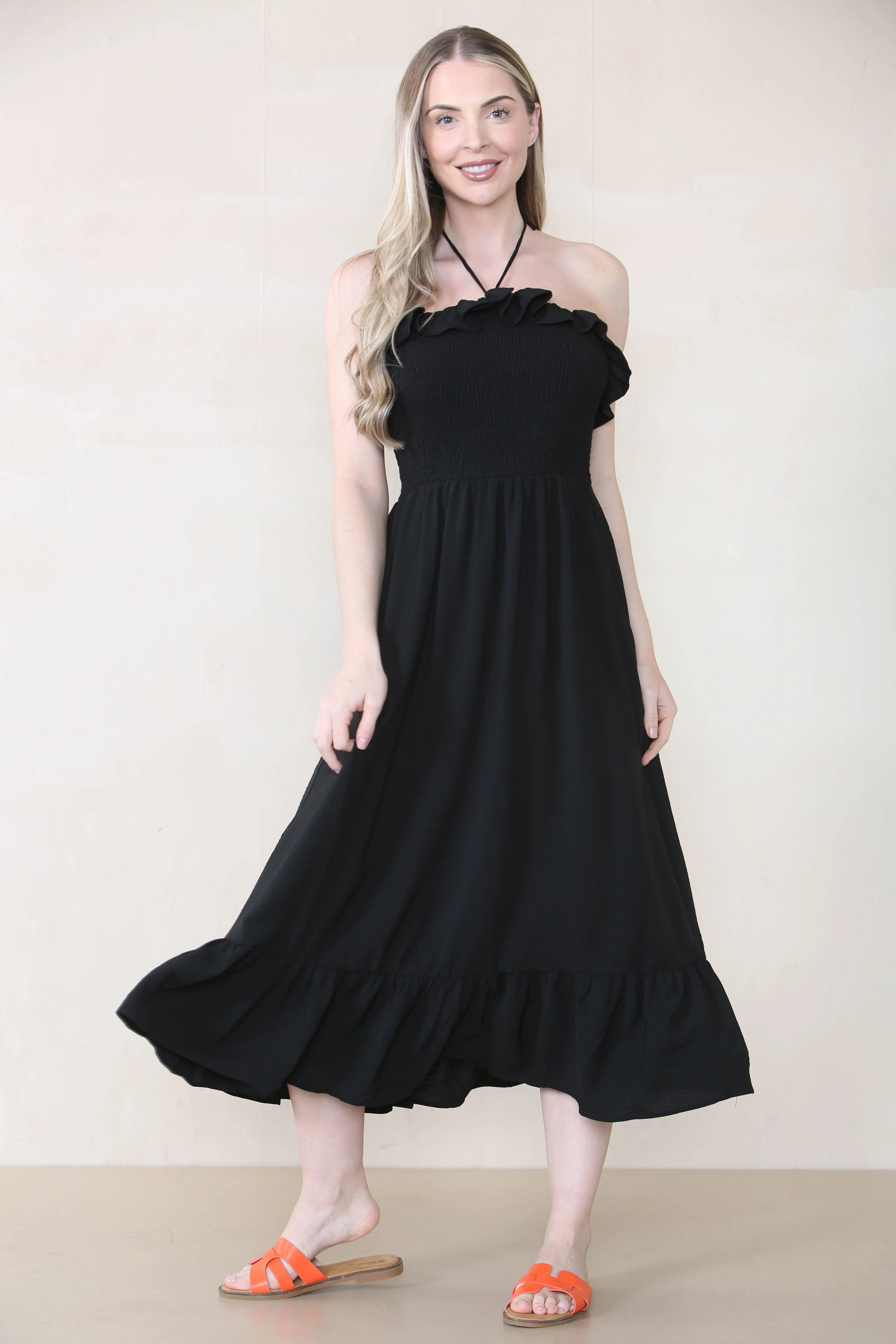 KATCH ME Plain Sleeveless Frill Front Tie Pleated Maxi Dress - Image 5