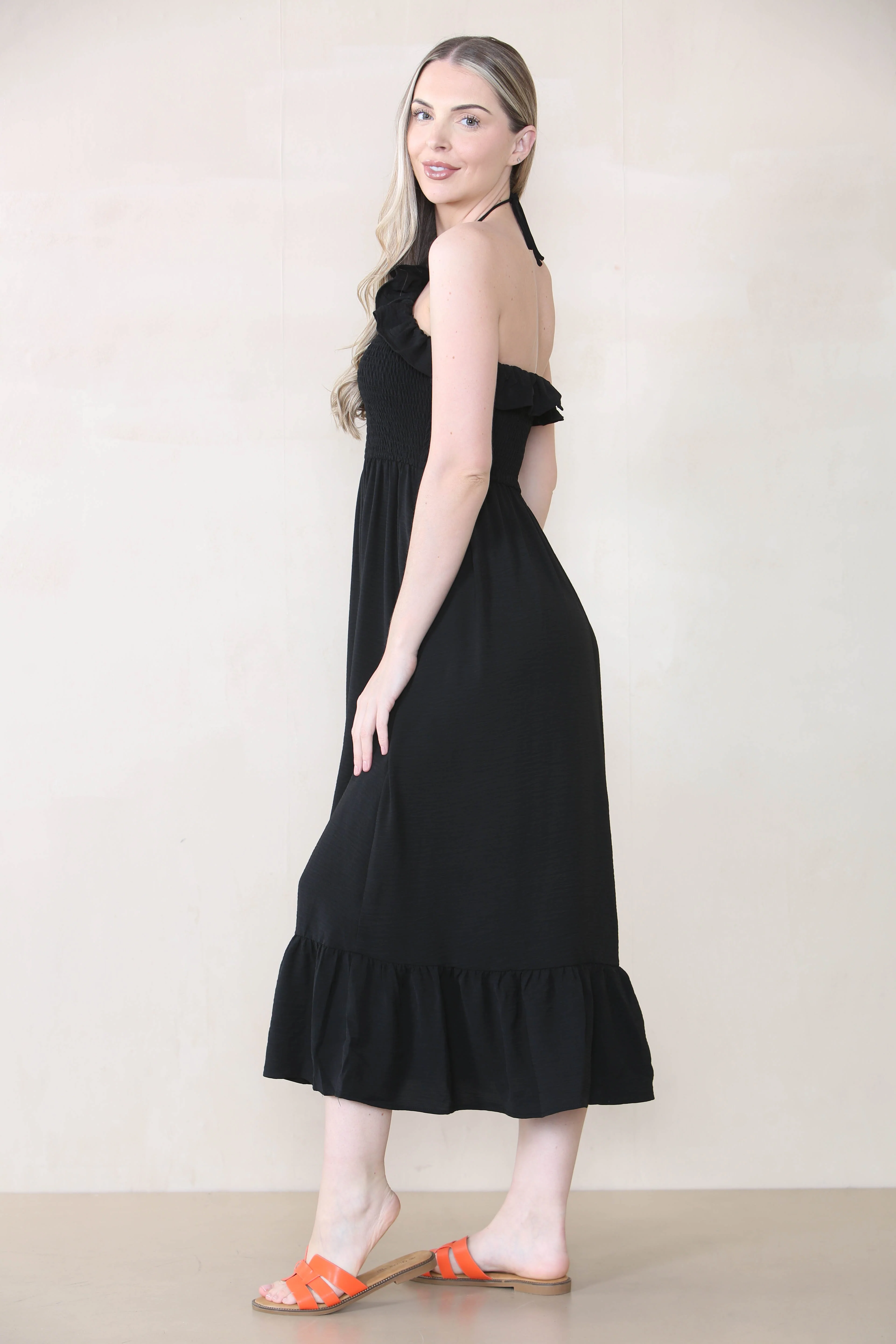 KATCH ME Plain Sleeveless Frill Front Tie Pleated Maxi Dress - Image 6