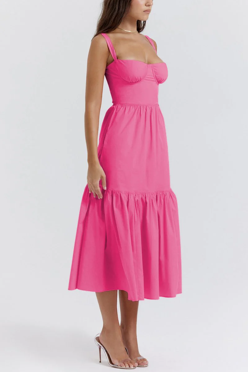 KATCH ME Thick Strap Pleated Pocket Slim Midi Dress - Image 3