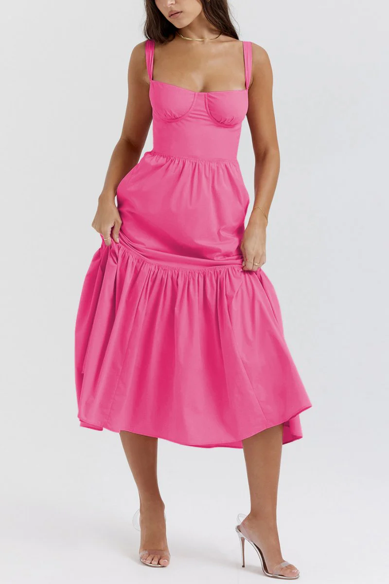 KATCH ME Thick Strap Pleated Pocket Slim Midi Dress - Image 4