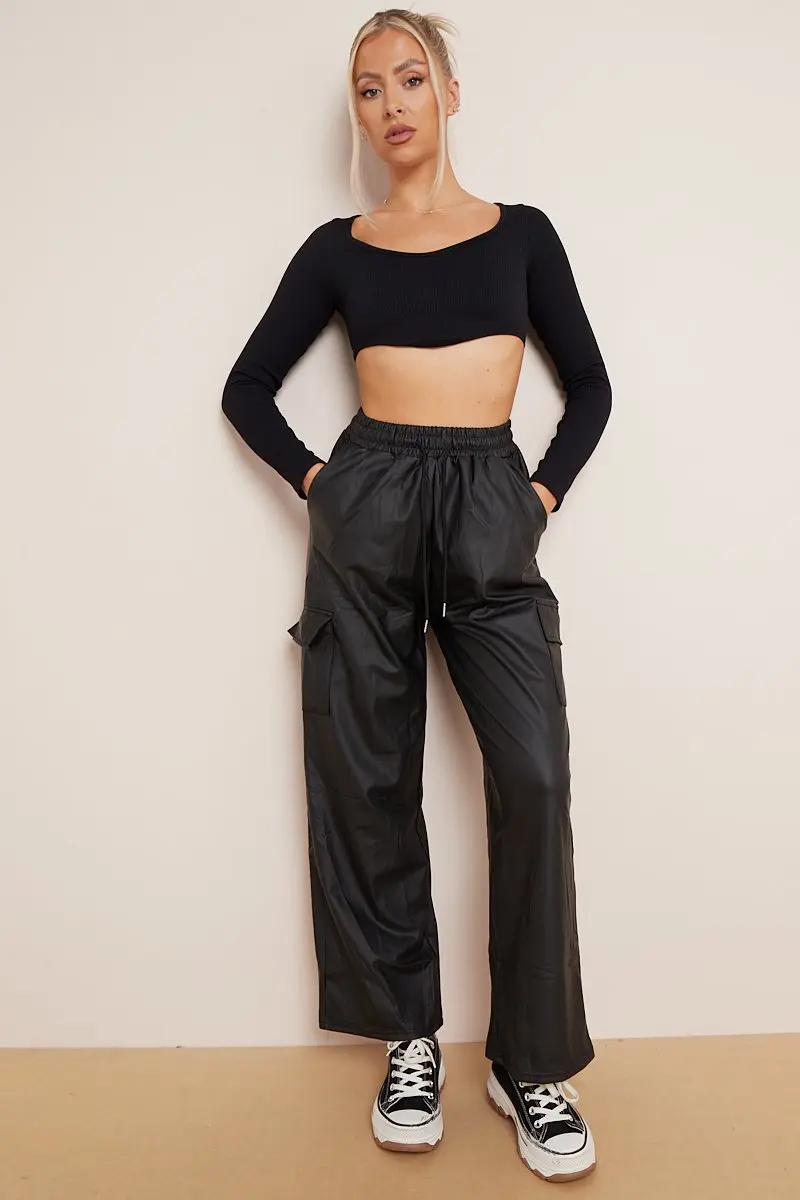 KATCH ME Minimalist Drawstring Waist Wide Leg PU Cargo Pants