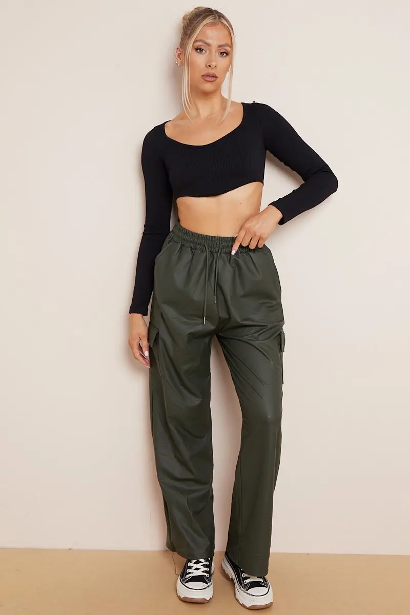 KATCH ME Minimalist Drawstring Waist Wide Leg PU Cargo Pants - Image 11