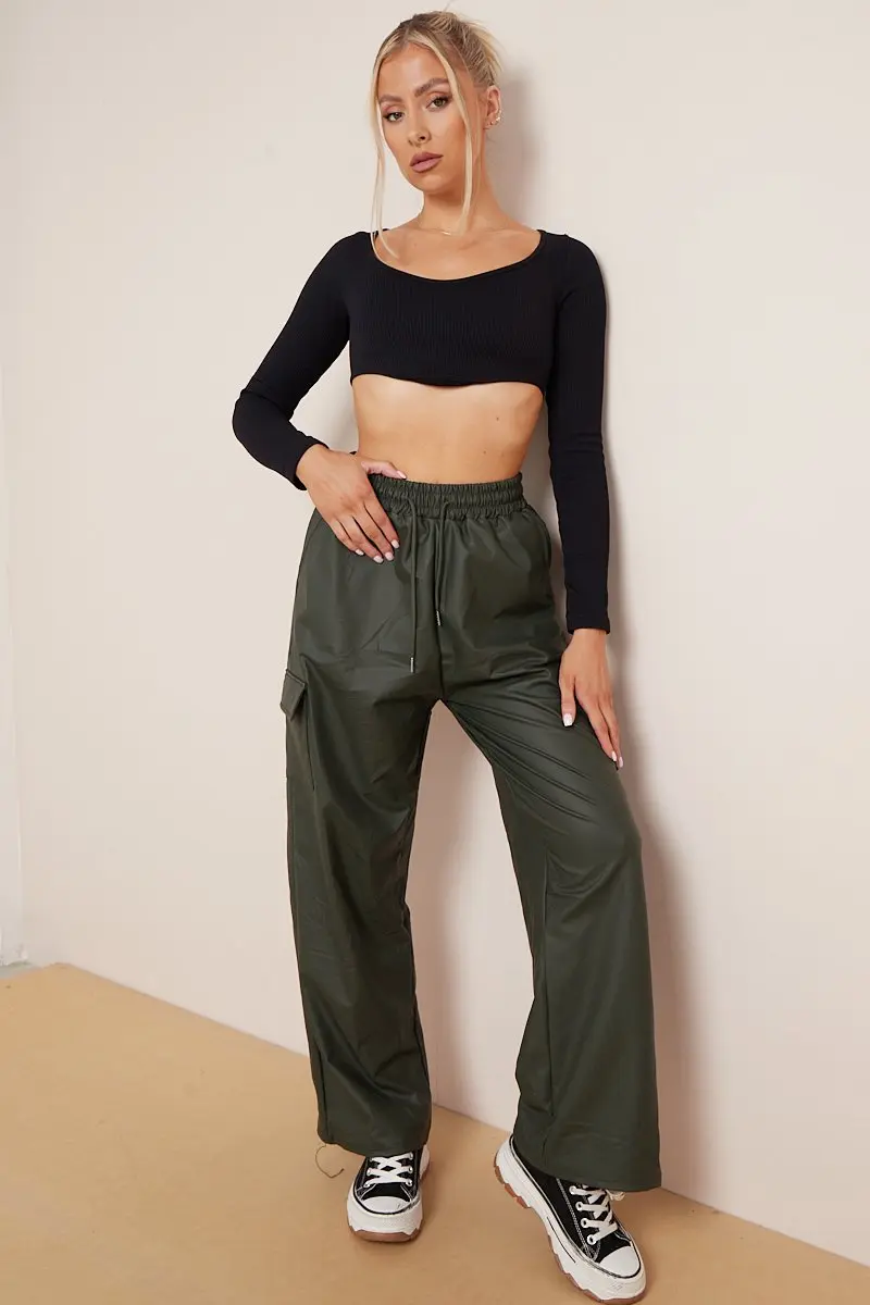 KATCH ME Minimalist Drawstring Waist Wide Leg PU Cargo Pants - Image 12