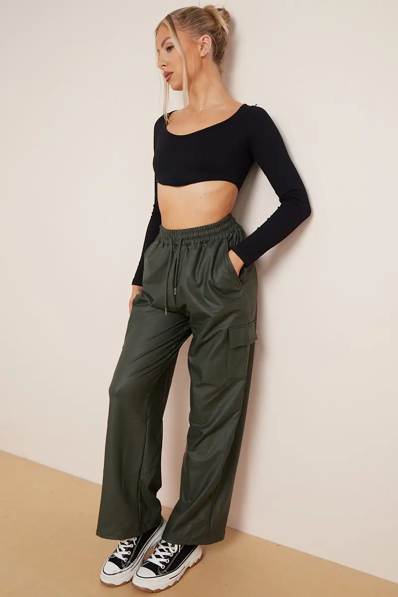 KATCH ME Minimalist Drawstring Waist Wide Leg PU Cargo Pants - Image 13