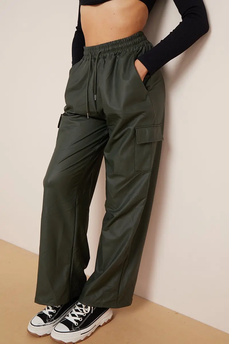 KATCH ME Minimalist Drawstring Waist Wide Leg PU Cargo Pants - Image 16