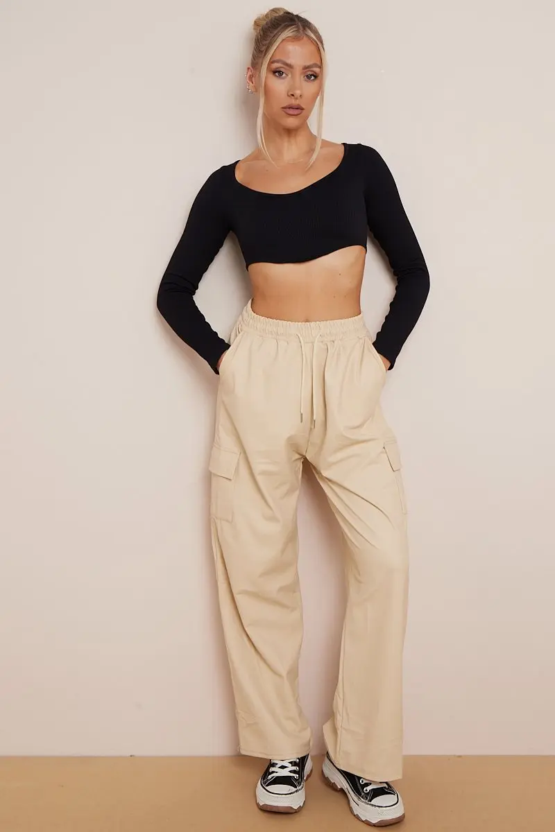 KATCH ME Minimalist Drawstring Waist Wide Leg PU Cargo Pants - Image 17