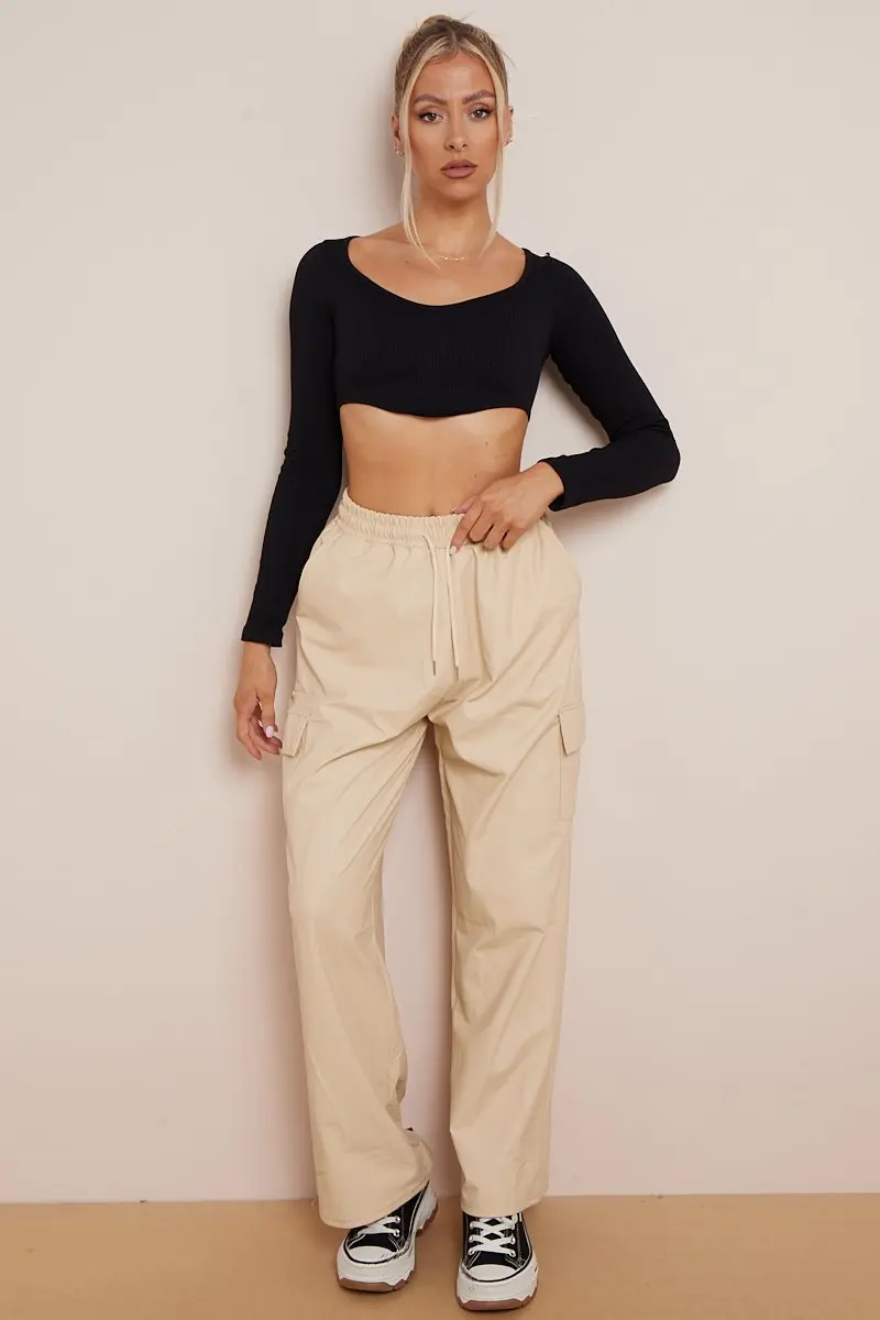 KATCH ME Minimalist Drawstring Waist Wide Leg PU Cargo Pants - Image 18