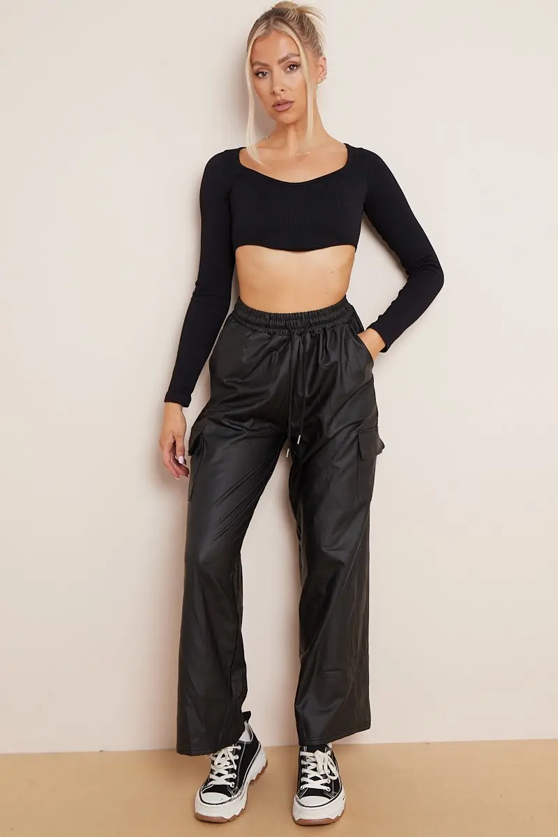 KATCH ME Minimalist Drawstring Waist Wide Leg PU Cargo Pants - Image 2