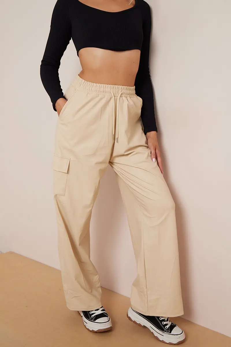 KATCH ME Minimalist Drawstring Waist Wide Leg PU Cargo Pants - Image 23