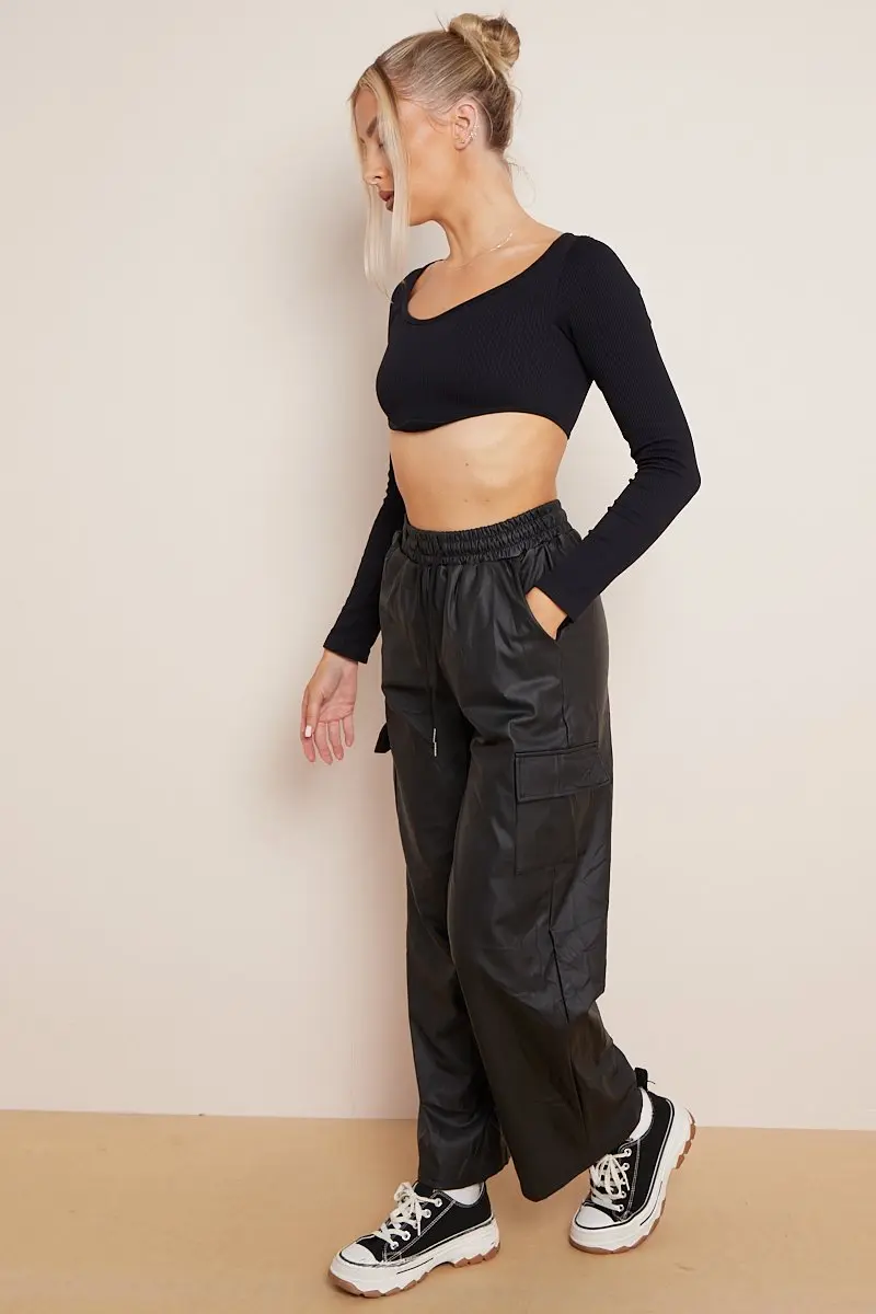 KATCH ME Minimalist Drawstring Waist Wide Leg PU Cargo Pants - Image 3