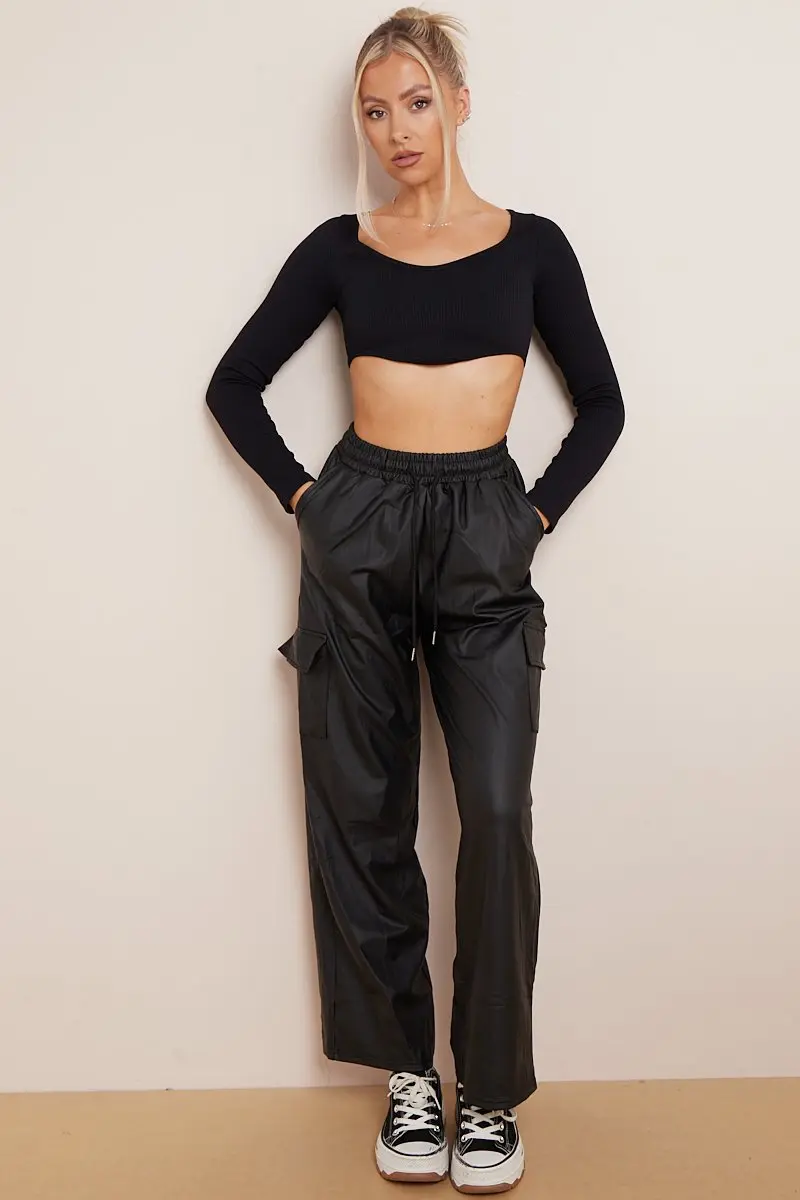 KATCH ME Minimalist Drawstring Waist Wide Leg PU Cargo Pants - Image 4