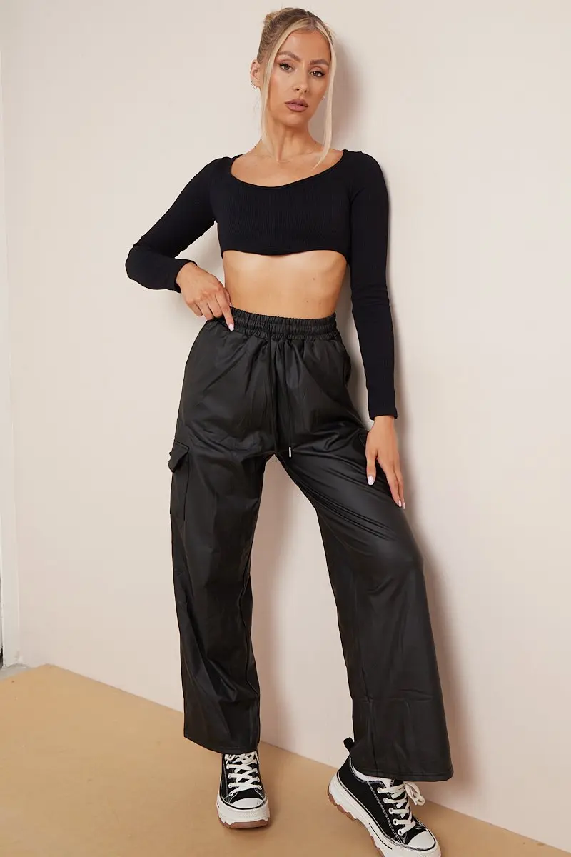 KATCH ME Minimalist Drawstring Waist Wide Leg PU Cargo Pants - Image 5