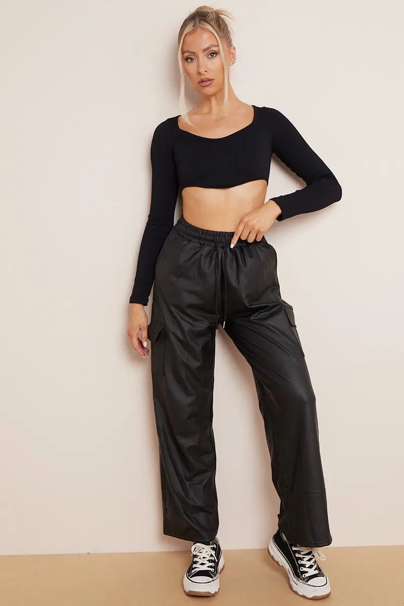 KATCH ME Minimalist Drawstring Waist Wide Leg PU Cargo Pants - Image 7